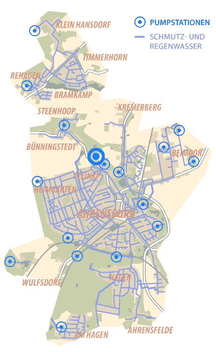 Stadtplan mit dem Kanalisationsnetz der Stadt Ahrensburg